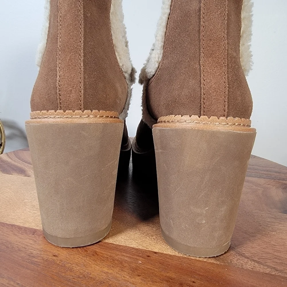 Sam Edelman Reagan Brown Suede Wedge Ankle Boots With Sherpa Trim Size 10